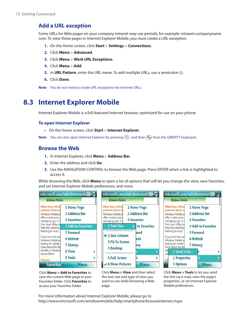 3 internet explorer mobile, Add a url exception, Browse the web | HTC SMT5800 User Manual | Page 72 / 116