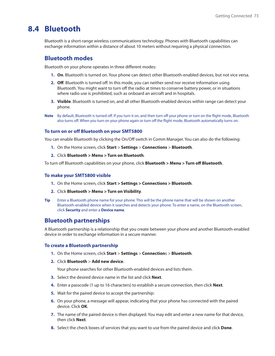 4 bluetooth, Bluetooth modes, Bluetooth partnerships | HTC SMT5800 User Manual | Page 73 / 116