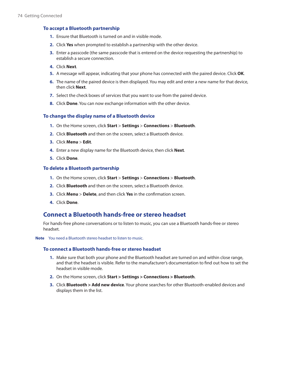 Connect a bluetooth hands-free or stereo headset | HTC SMT5800 User Manual | Page 74 / 116