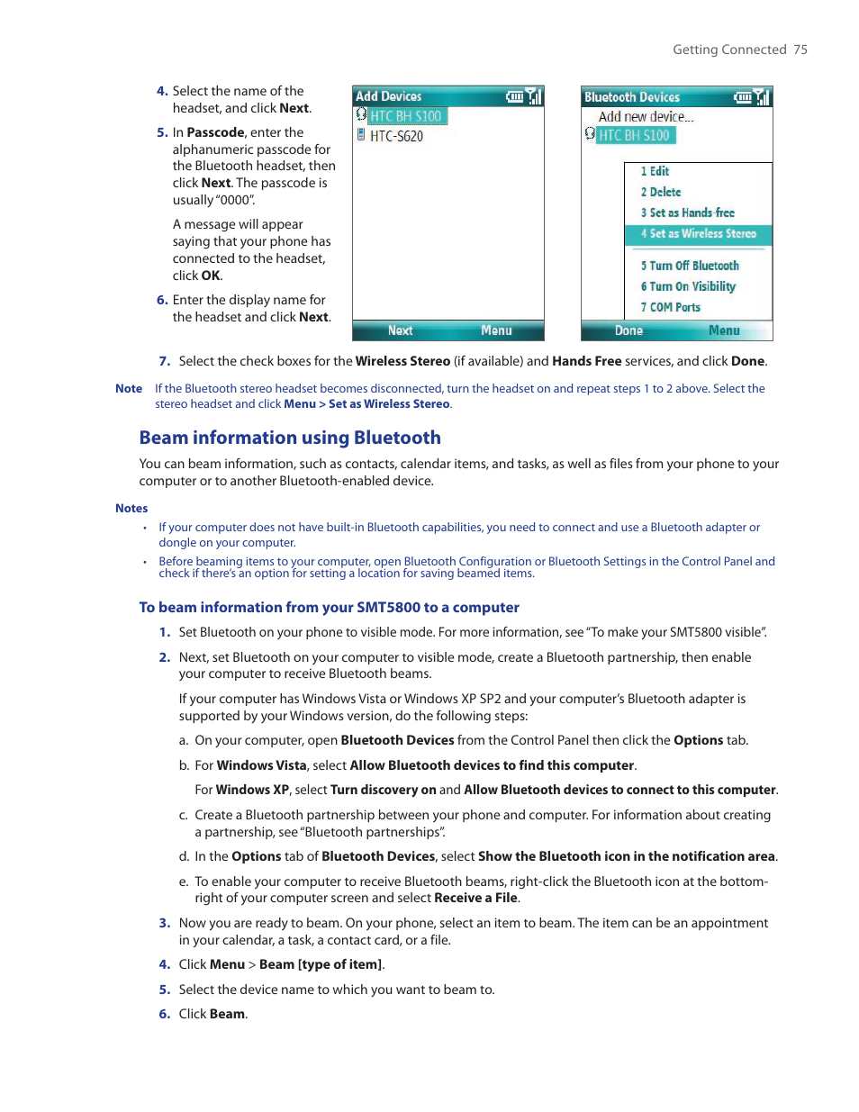 Beam information using bluetooth | HTC SMT5800 User Manual | Page 75 / 116