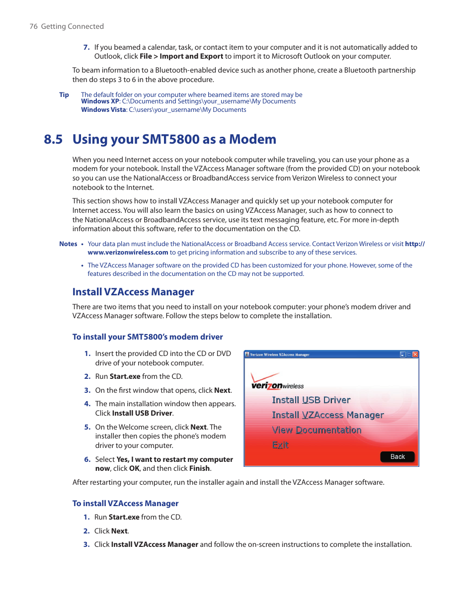 5 using your smt5800 as a modem, Install vzaccess manager | HTC SMT5800 User Manual | Page 76 / 116