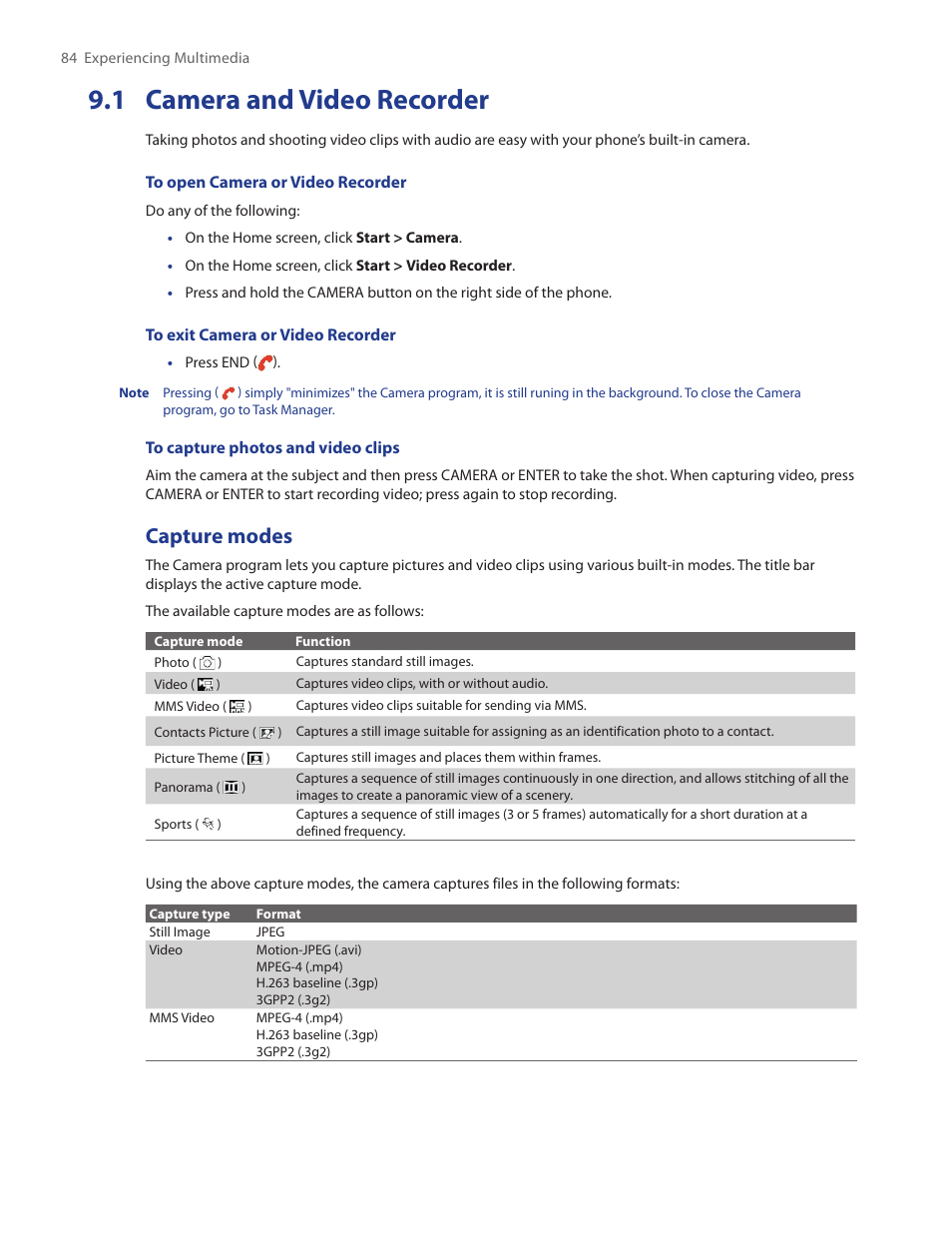 1 camera and video recorder, Capture modes | HTC SMT5800 User Manual | Page 84 / 116