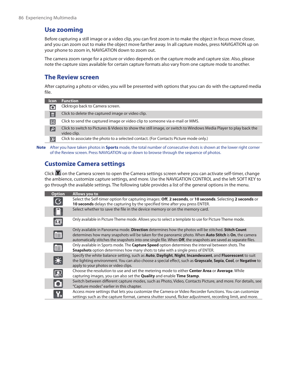 Use zooming, The review screen, Customize camera settings | HTC SMT5800 User Manual | Page 86 / 116