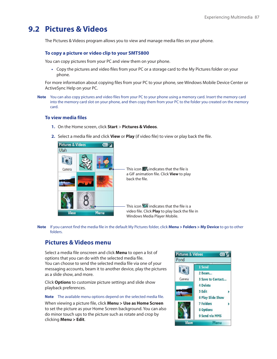 2 pictures & videos, Pictures & videos menu | HTC SMT5800 User Manual | Page 87 / 116