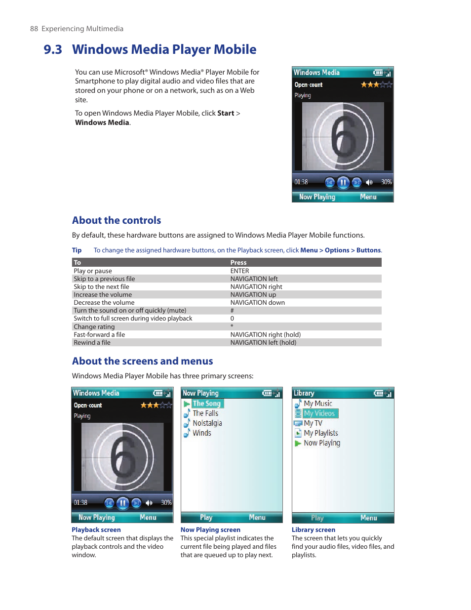 3 windows media player mobile, About the controls, About the screens and menus | HTC SMT5800 User Manual | Page 88 / 116