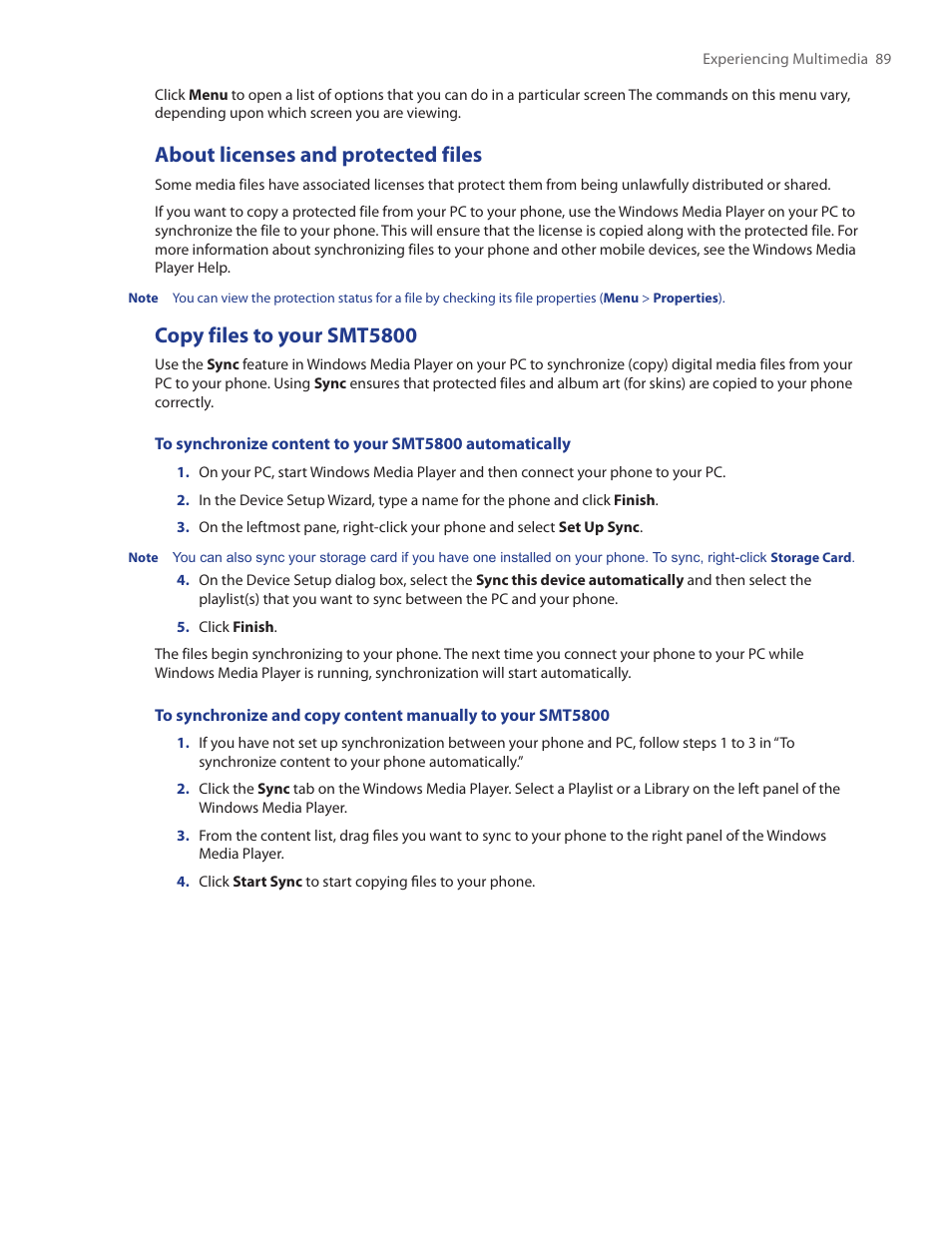 About licenses and protected files, Copy files to your smt5800 | HTC SMT5800 User Manual | Page 89 / 116