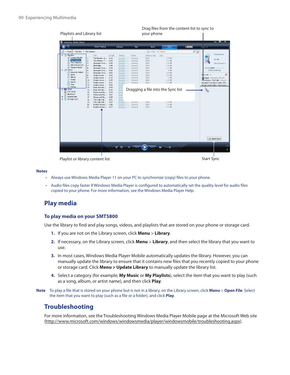Play media, Troubleshooting | HTC SMT5800 User Manual | Page 90 / 116