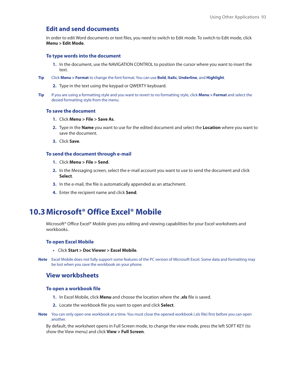 3 microsoft® office excel® mobile, Edit and send documents, View workbsheets | HTC SMT5800 User Manual | Page 93 / 116