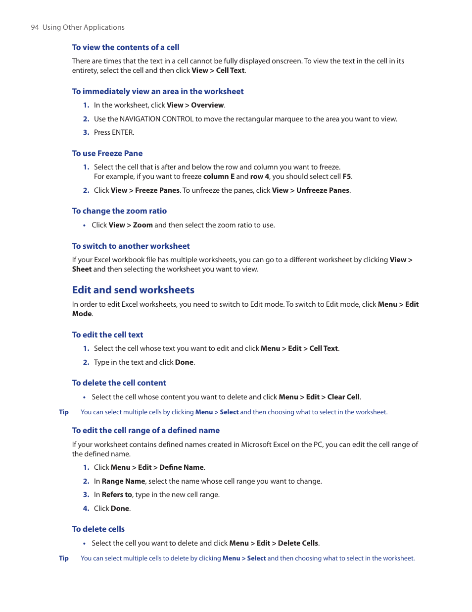 Edit and send worksheets | HTC SMT5800 User Manual | Page 94 / 116