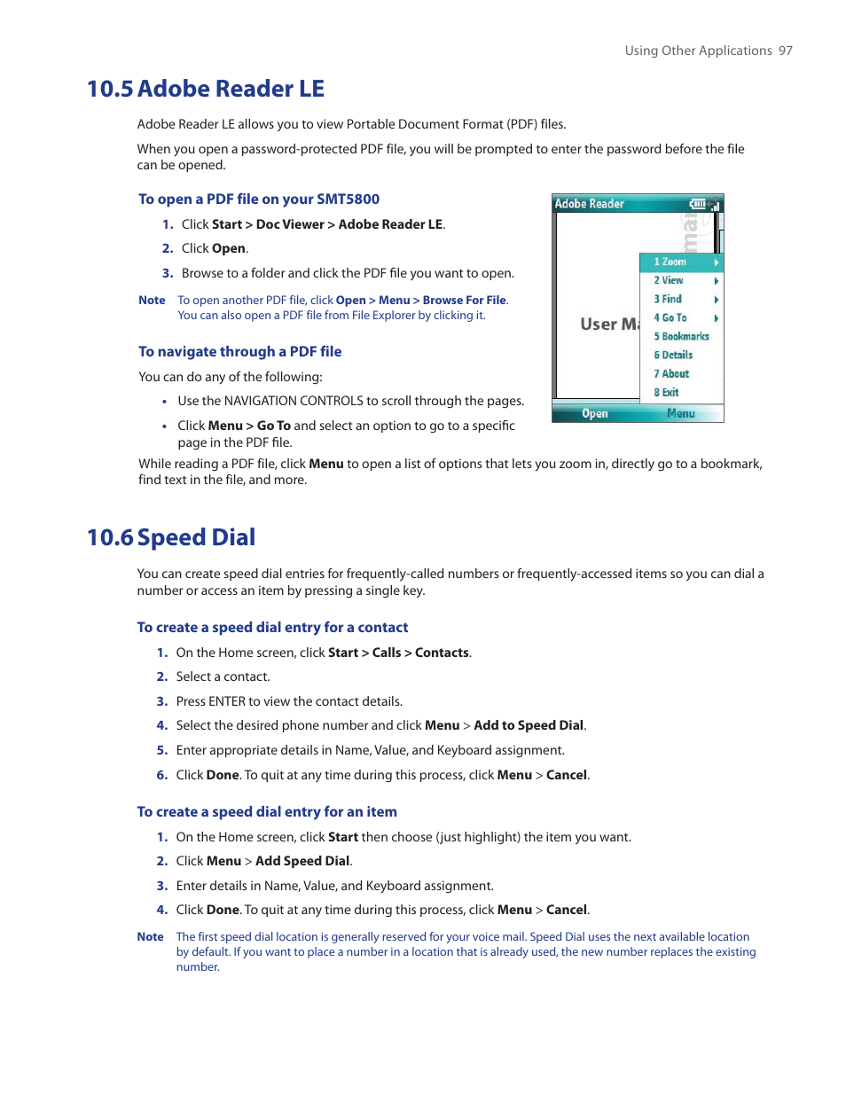 5 adobe reader le, 6 speed dial | HTC SMT5800 User Manual | Page 97 / 116