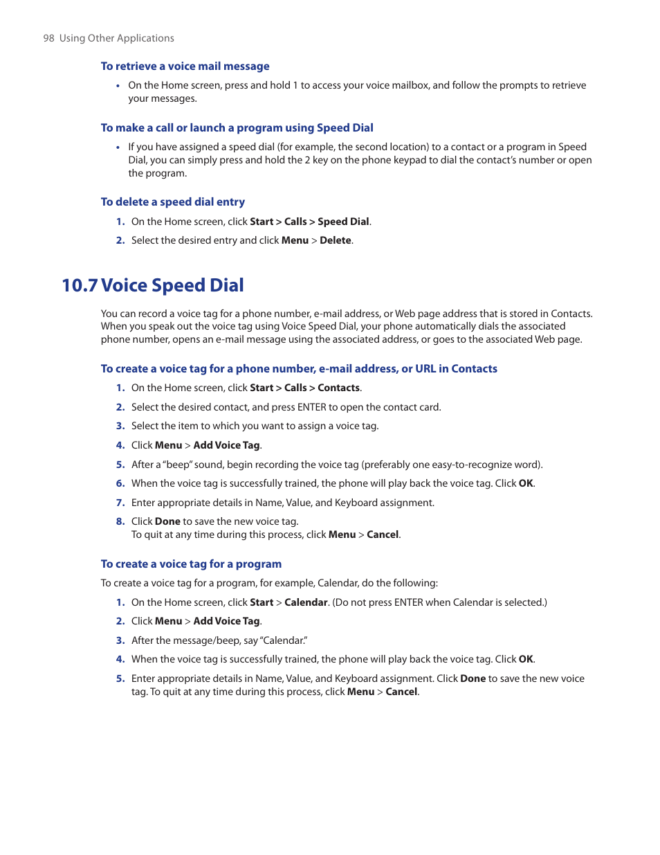 7 voice speed dial | HTC SMT5800 User Manual | Page 98 / 116