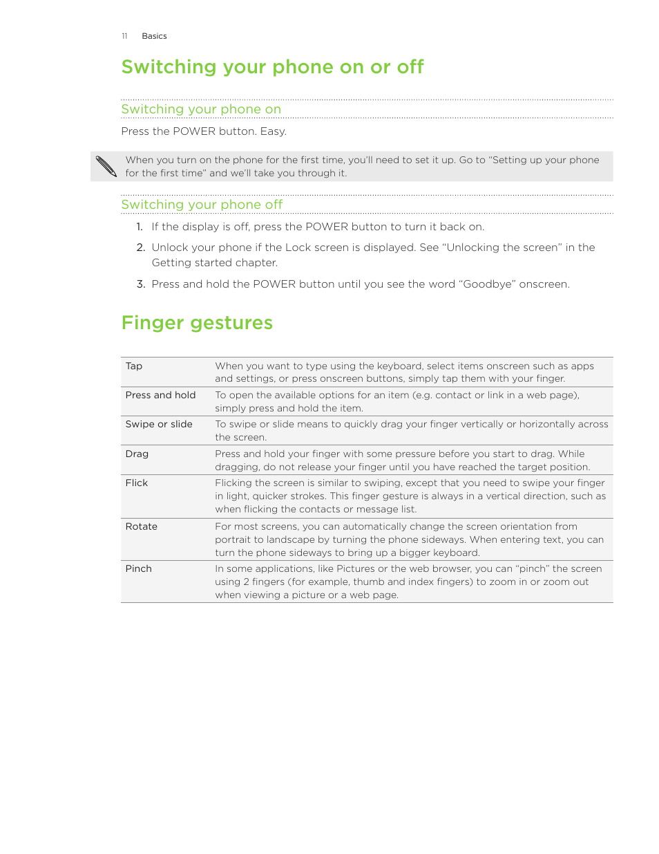 Switching your phone on or off, Finger gestures | HTC 7 User Manual | Page 11 / 74