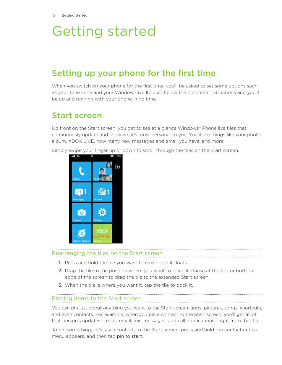 Getting started, Setting up your phone for the first time, Start screen | HTC 7 User Manual | Page 12 / 74