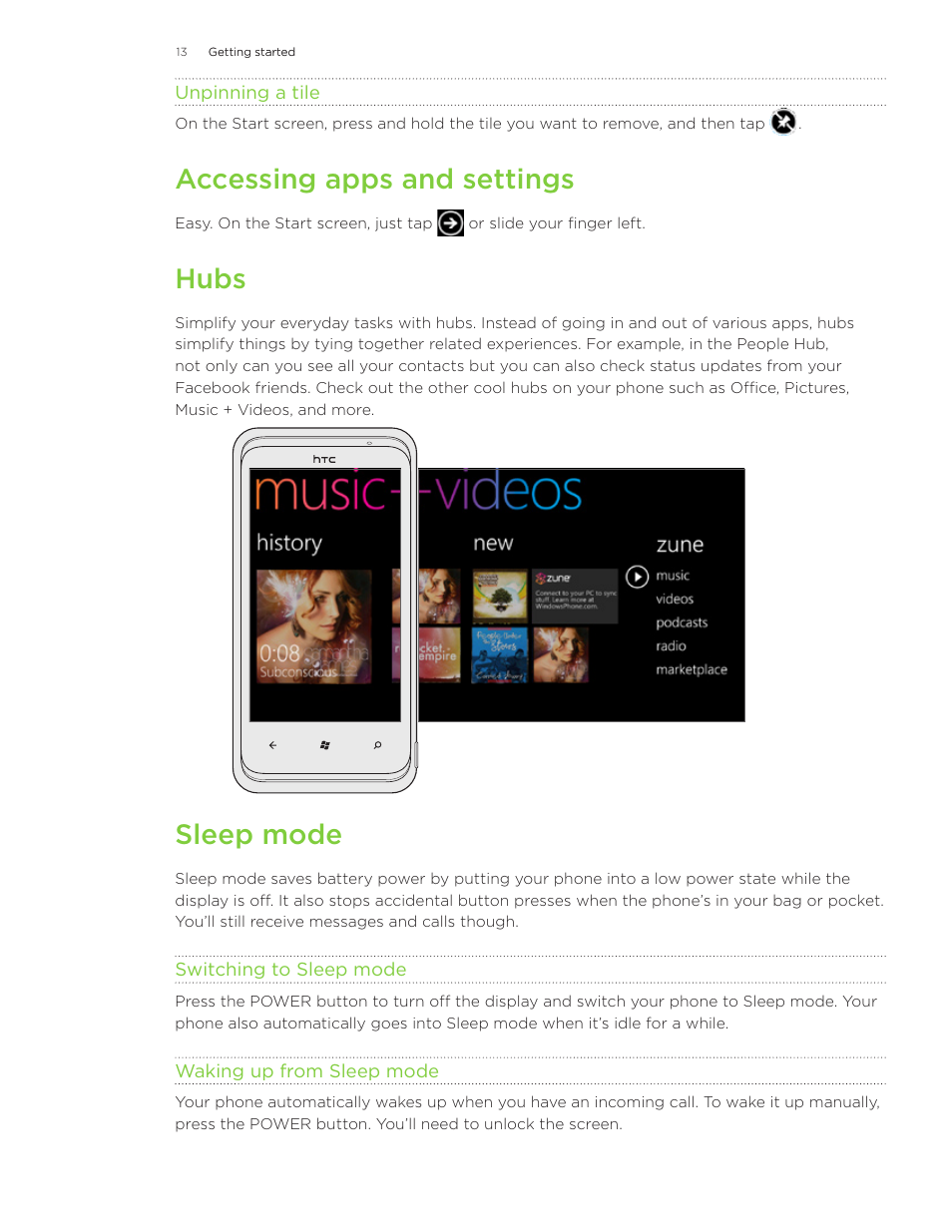 Accessing apps and settings, Hubs, Sleep mode | HTC 7 User Manual | Page 13 / 74