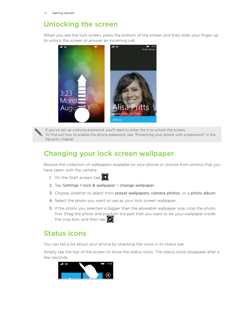 Unlocking the screen, Changing your lock screen wallpaper, Status icons | HTC 7 User Manual | Page 14 / 74