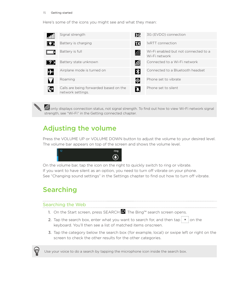 Adjusting the volume, Searching | HTC 7 User Manual | Page 15 / 74