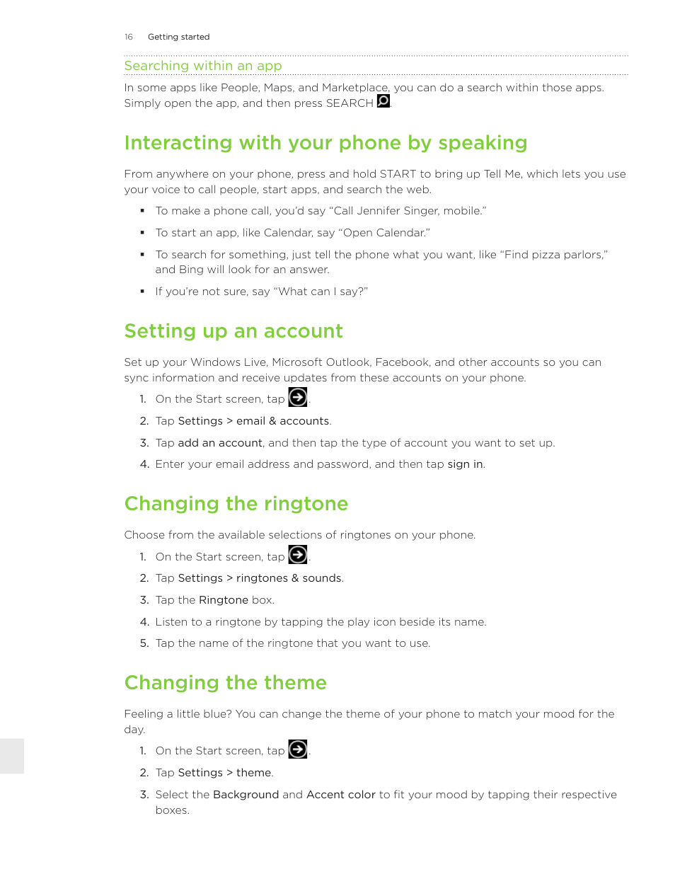 Interacting with your phone by speaking, Setting up an account, Changing the ringtone | Changing the theme | HTC 7 User Manual | Page 16 / 74