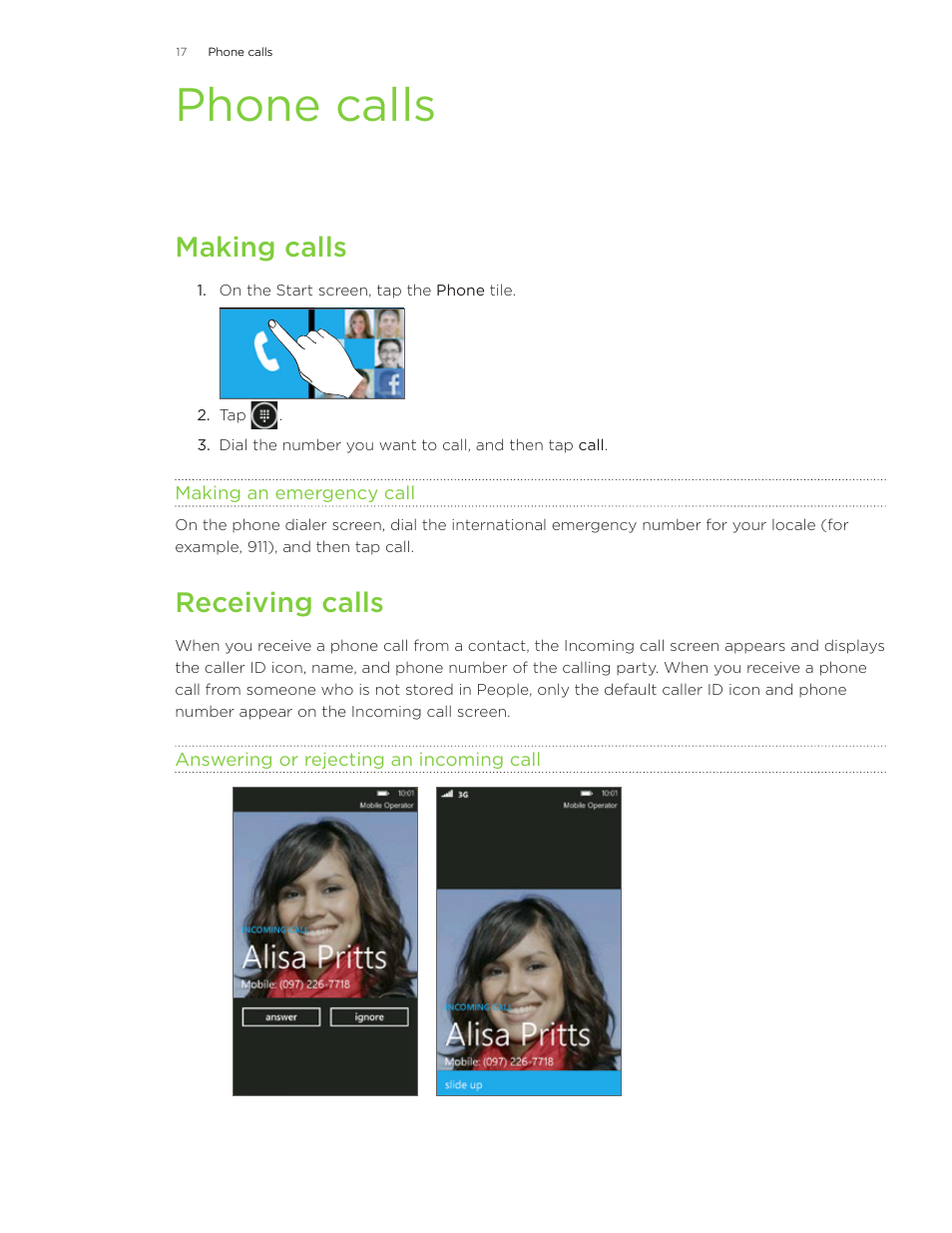 Phone calls, Making calls, Receiving calls | HTC 7 User Manual | Page 17 / 74