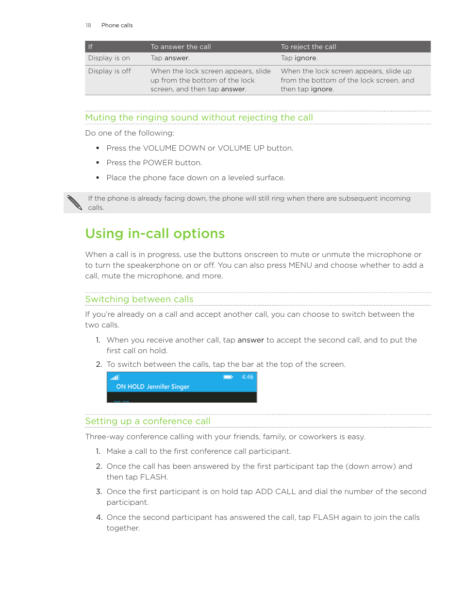 Using in-call options | HTC 7 User Manual | Page 18 / 74