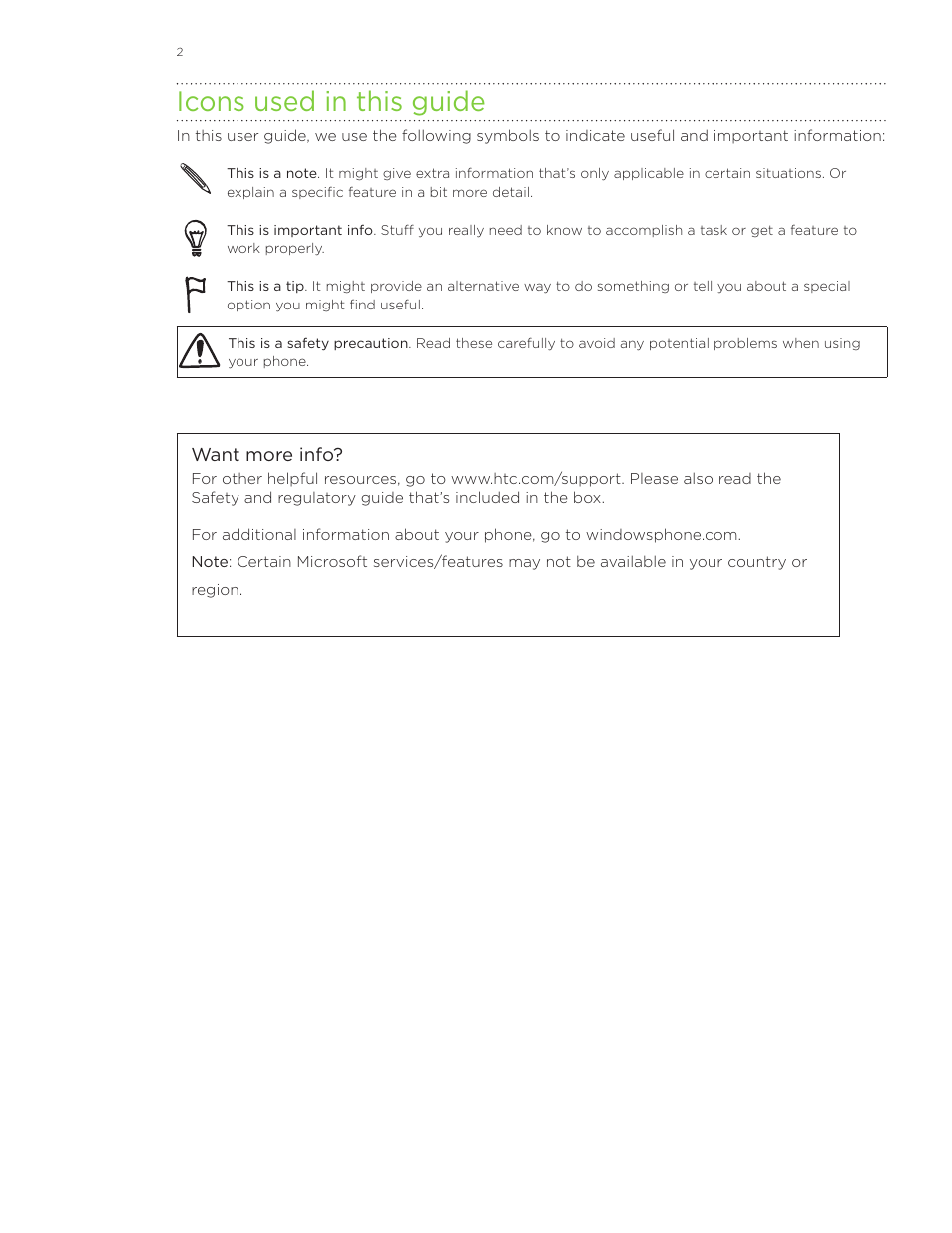 Icons used in this guide | HTC 7 User Manual | Page 2 / 74