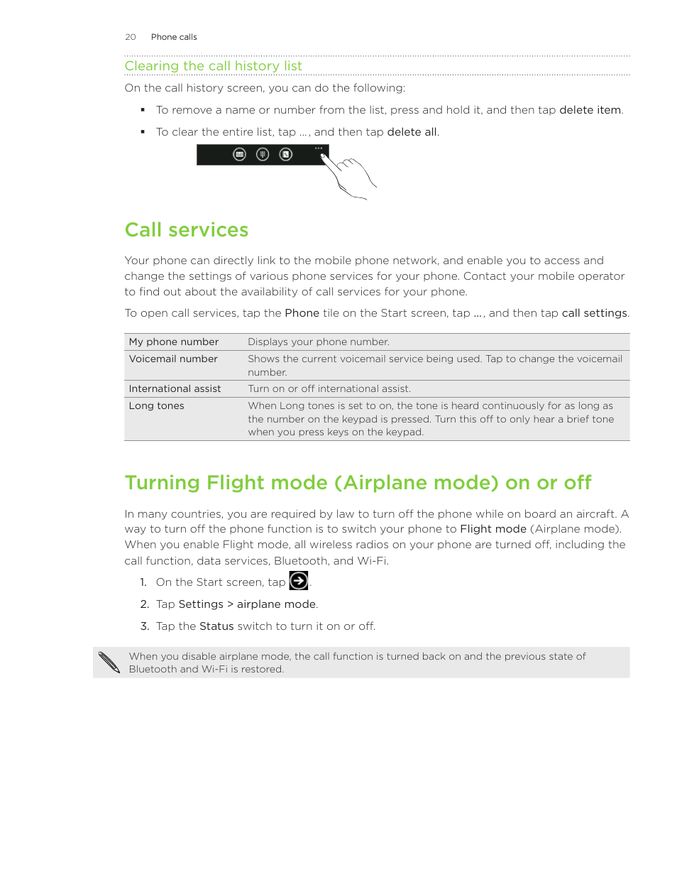 Call services, Turning flight mode (airplane mode) on or off | HTC 7 User Manual | Page 20 / 74