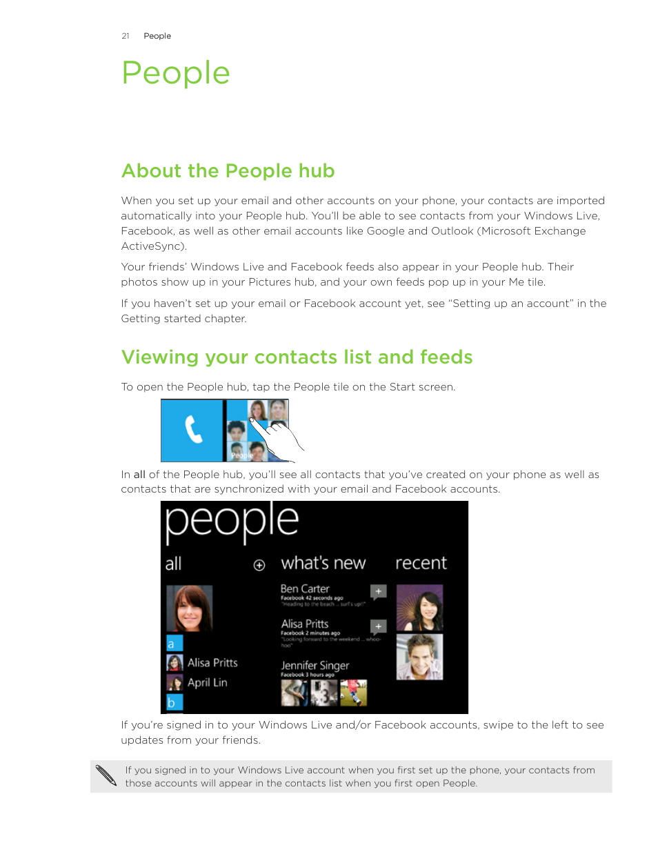 People, About the people hub, Viewing your contacts list and feeds | HTC 7 User Manual | Page 21 / 74