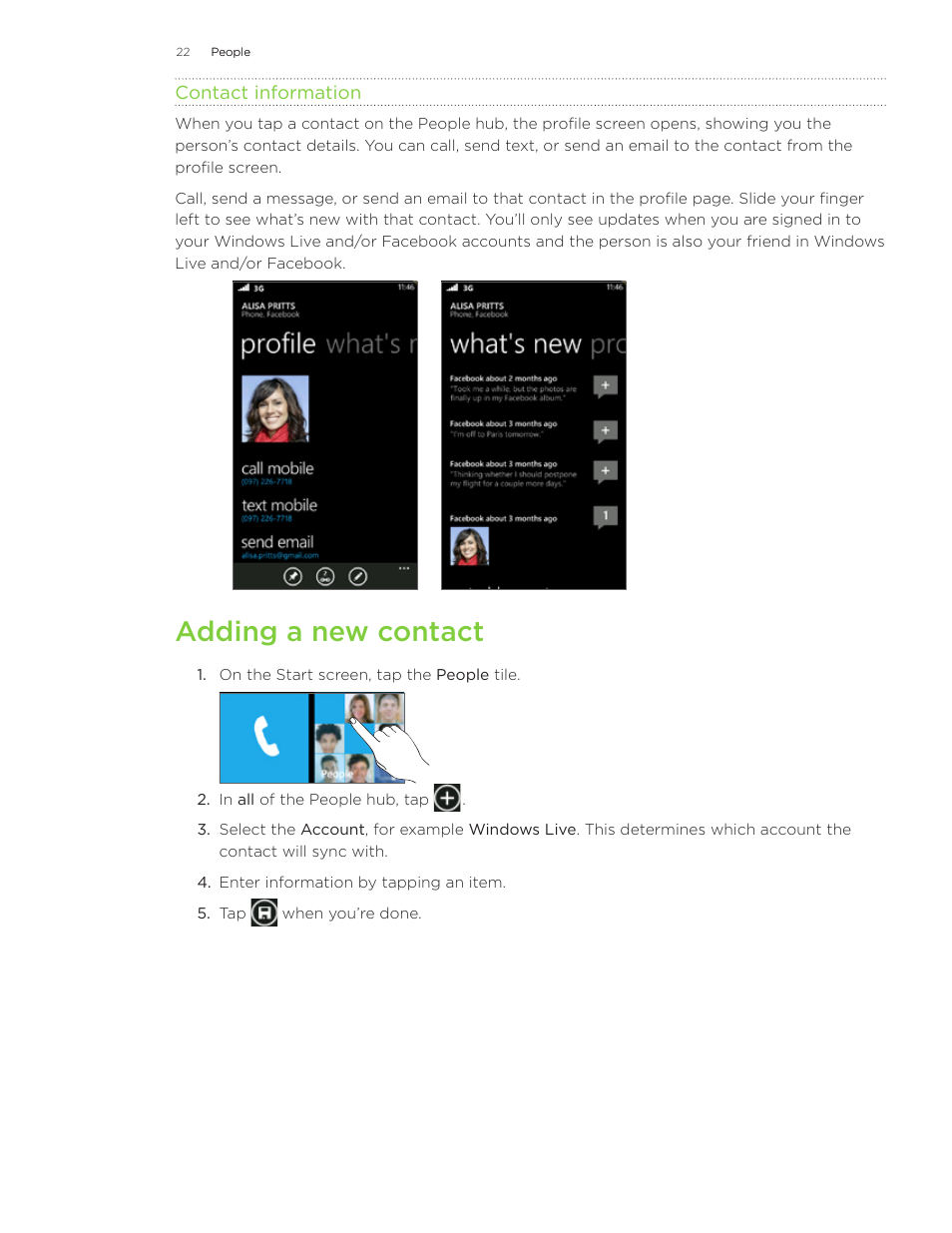 Adding a new contact | HTC 7 User Manual | Page 22 / 74