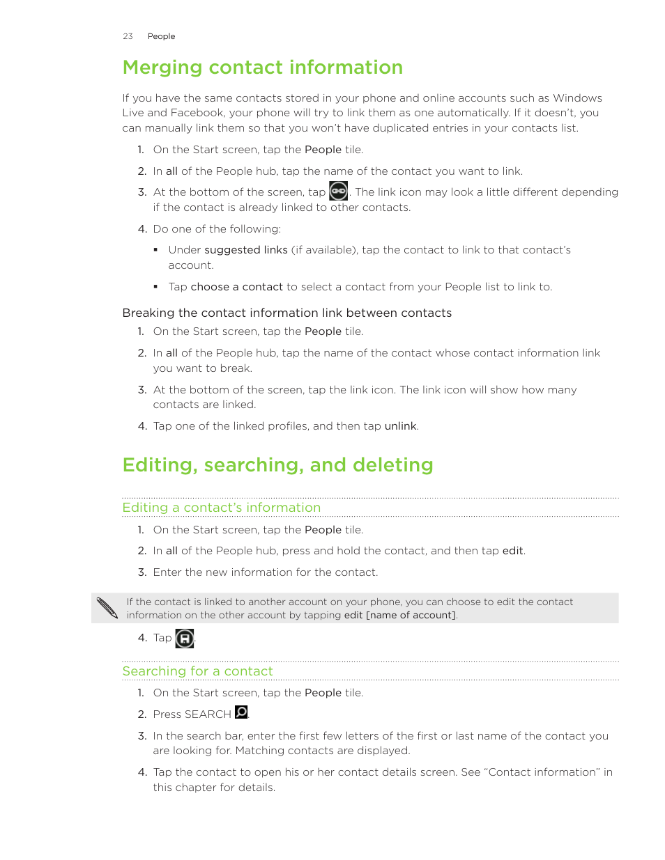 Merging contact information, Editing, searching, and deleting | HTC 7 User Manual | Page 23 / 74
