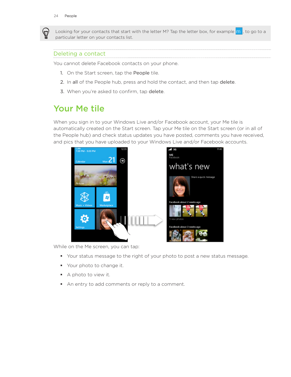 Your me tile | HTC 7 User Manual | Page 24 / 74