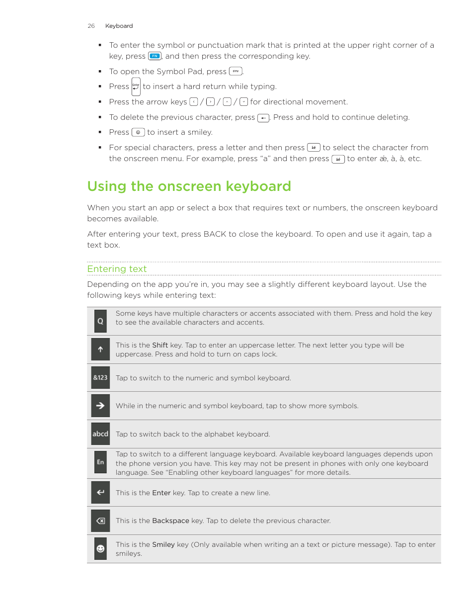 Using the onscreen keyboard | HTC 7 User Manual | Page 26 / 74