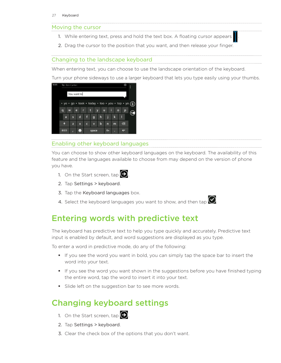 Entering words with predictive text, Changing keyboard settings | HTC 7 User Manual | Page 27 / 74