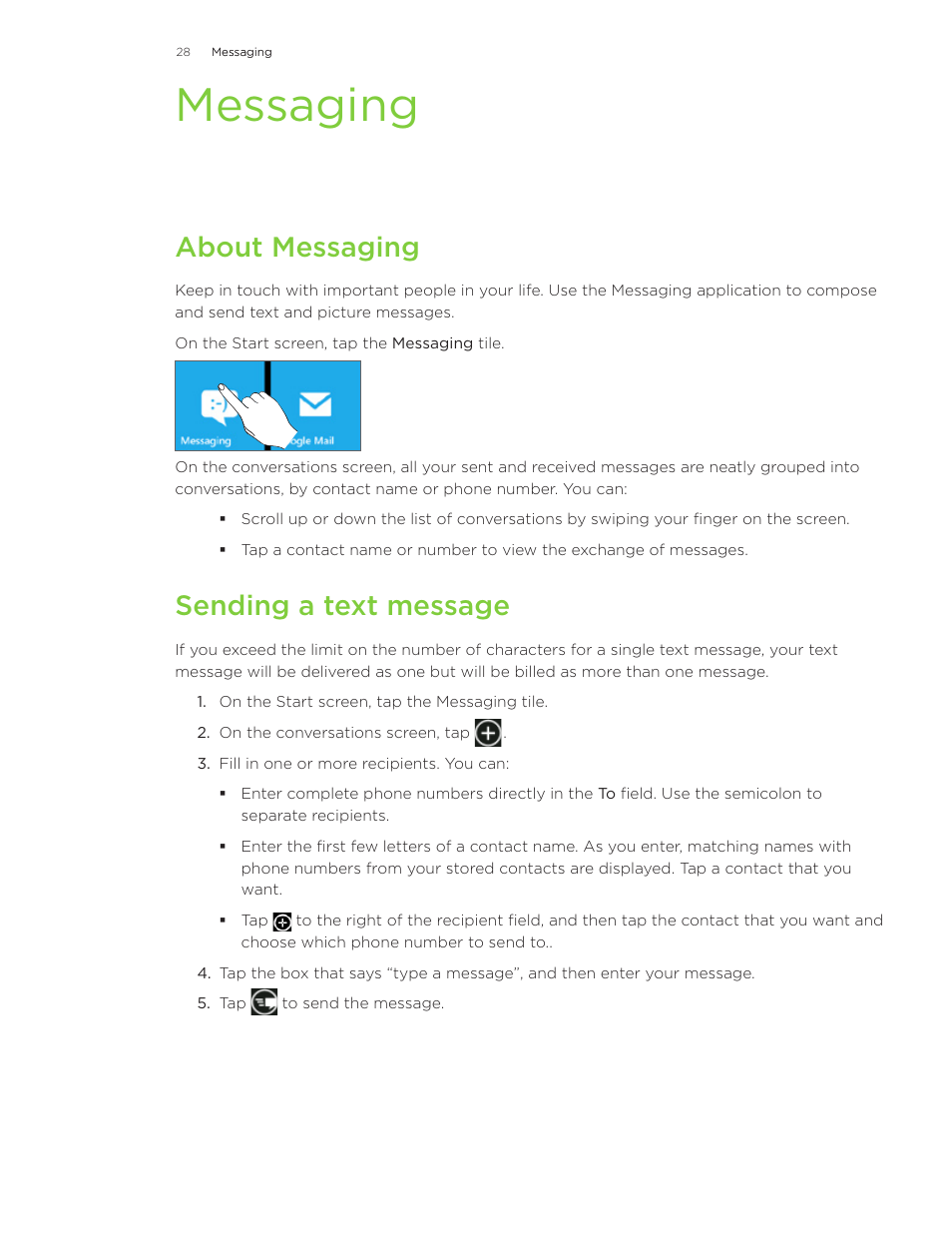Messaging, About messaging, Sending a text message | HTC 7 User Manual | Page 28 / 74
