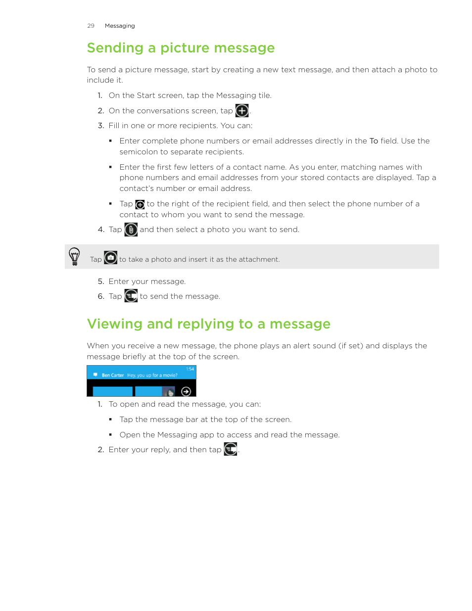Sending a picture message, Viewing and replying to a message | HTC 7 User Manual | Page 29 / 74