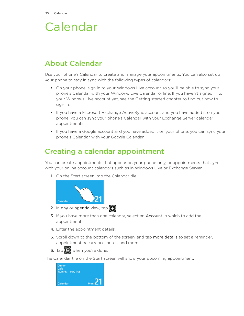 Calendar, About calendar, Creating a calendar appointment | HTC 7 User Manual | Page 35 / 74