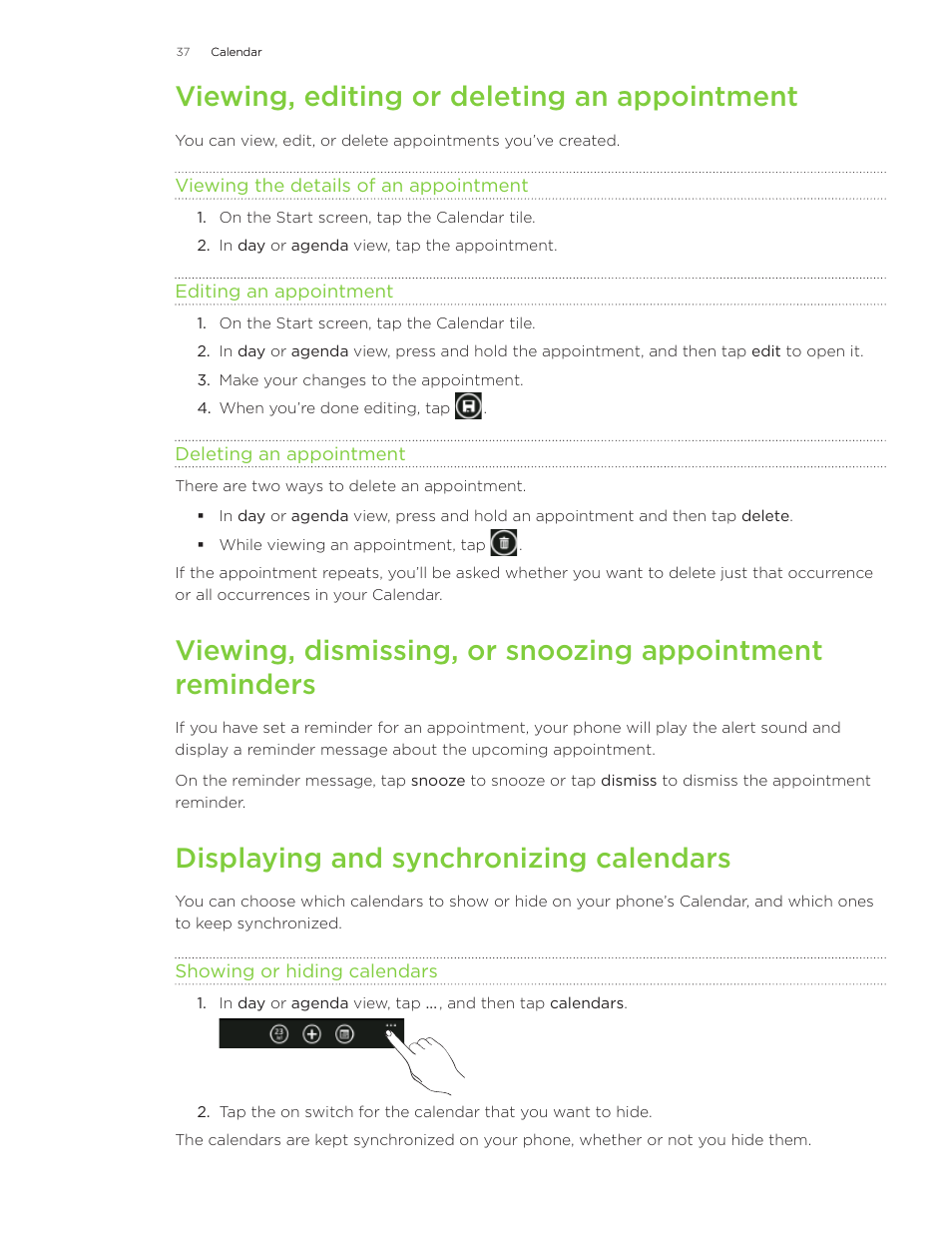 Viewing, editing or deleting an appointment, Displaying and synchronizing calendars | HTC 7 User Manual | Page 37 / 74