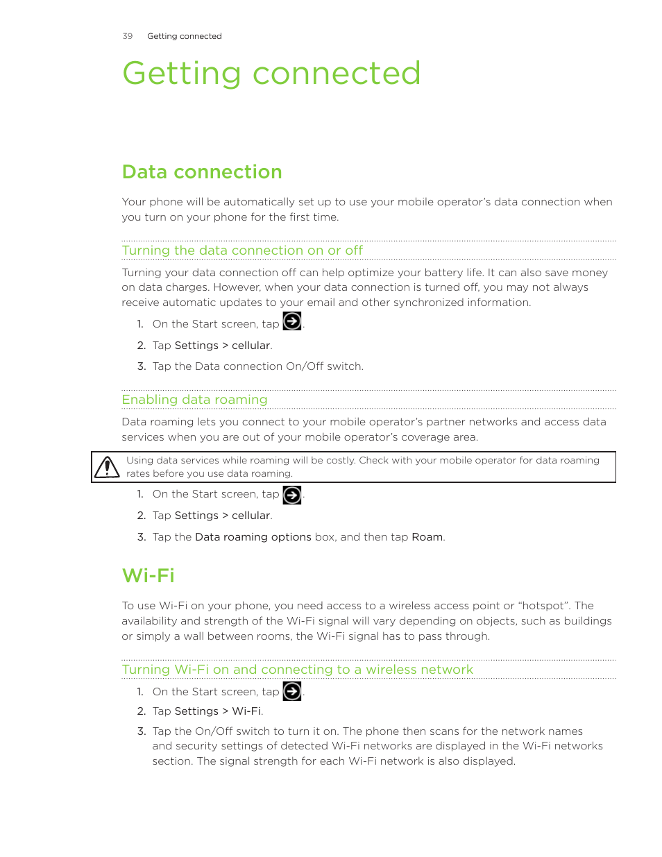 Getting connected, Data connection, Wi-fi | HTC 7 User Manual | Page 39 / 74