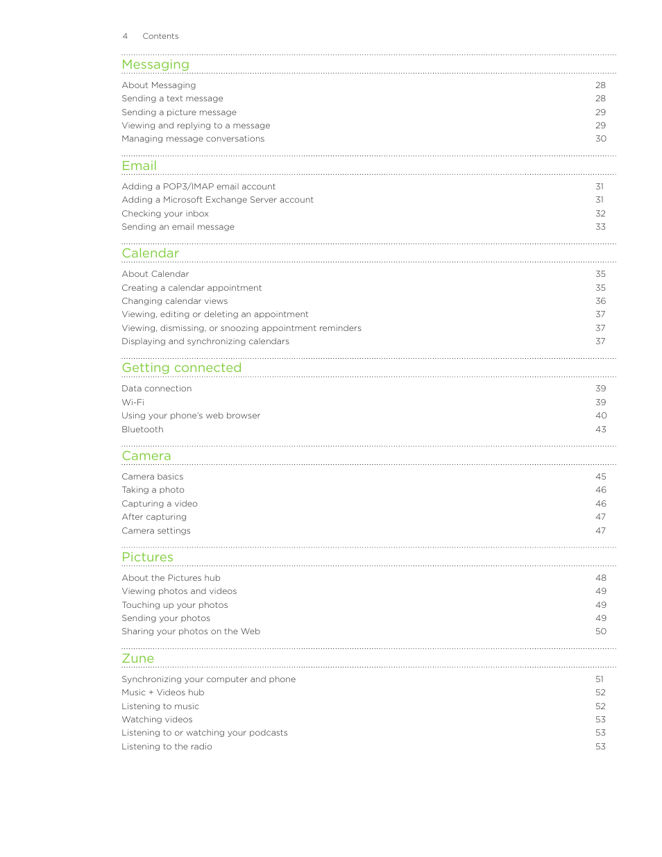 Messaging, Email, Calendar | Getting connected, Camera, Pictures, Zune | HTC 7 User Manual | Page 4 / 74