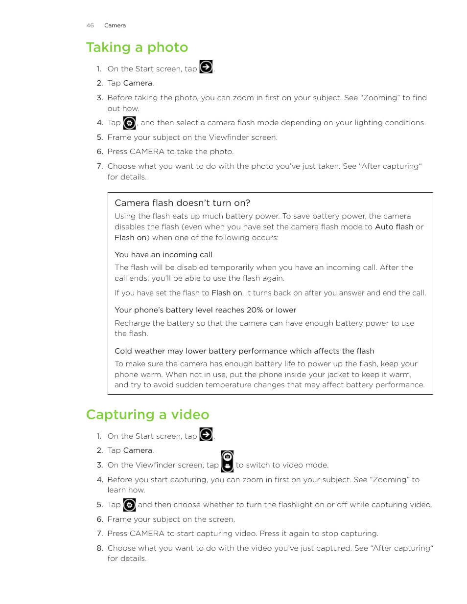 Taking a photo, Capturing a video | HTC 7 User Manual | Page 46 / 74