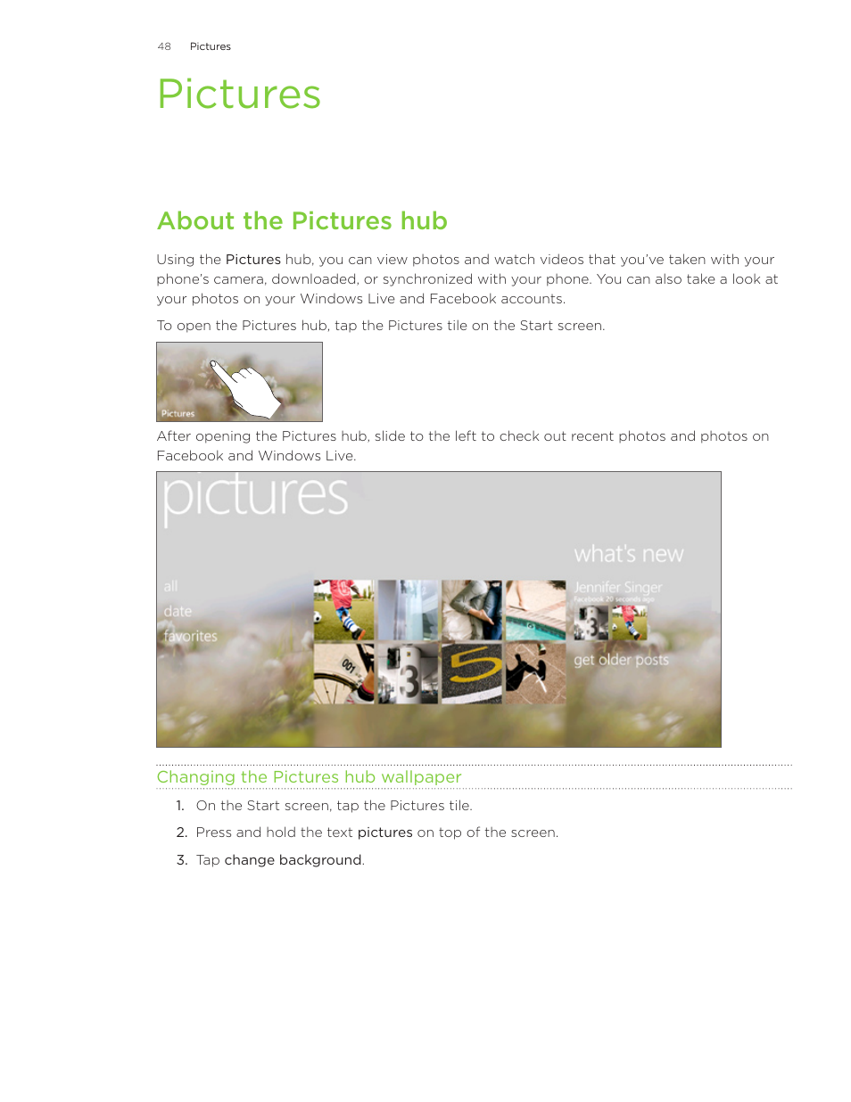 Pictures, About the pictures hub | HTC 7 User Manual | Page 48 / 74