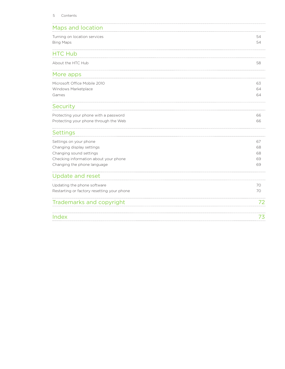 Maps and location, Htc hub, More apps | Security, Settings, Update and reset, Trademarks and copyright 72 index 73 | HTC 7 User Manual | Page 5 / 74