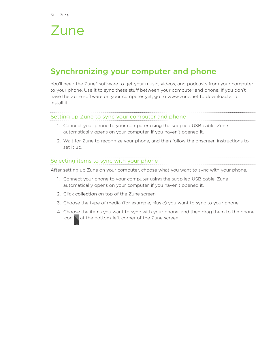 Zune, Synchronizing your computer and phone | HTC 7 User Manual | Page 51 / 74