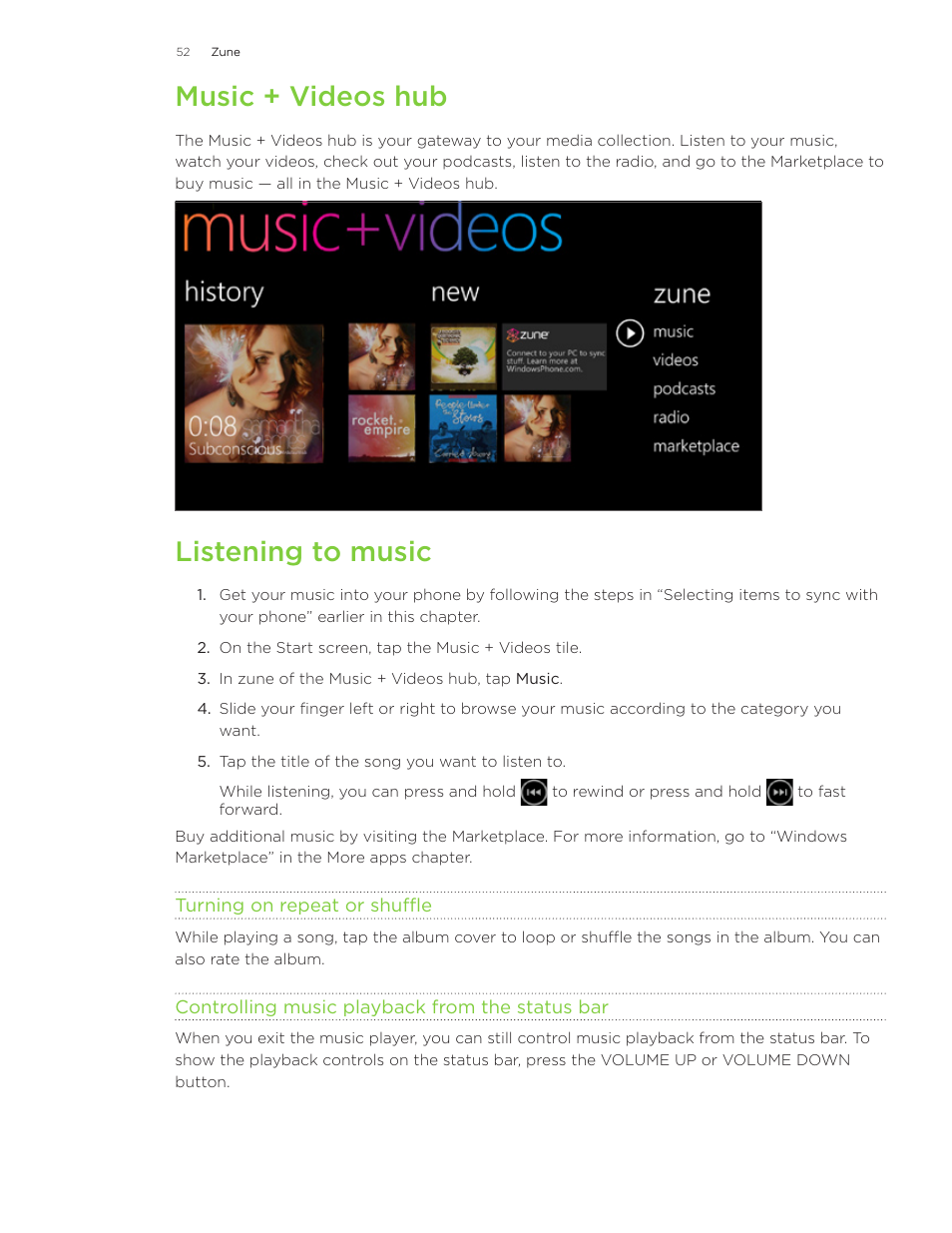 Music + videos hub, Listening to music | HTC 7 User Manual | Page 52 / 74
