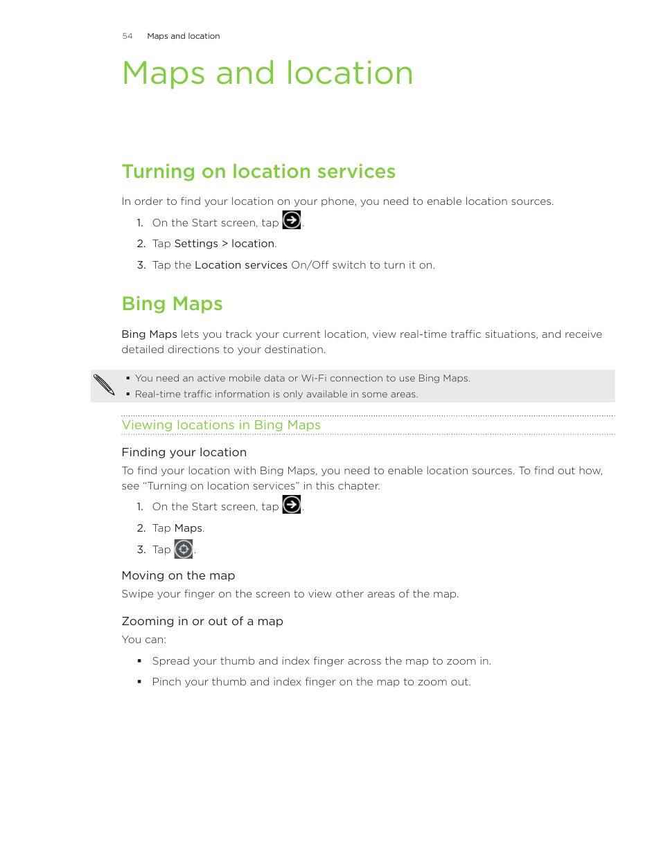 Maps and location, Turning on location services, Bing maps | HTC 7 User Manual | Page 54 / 74