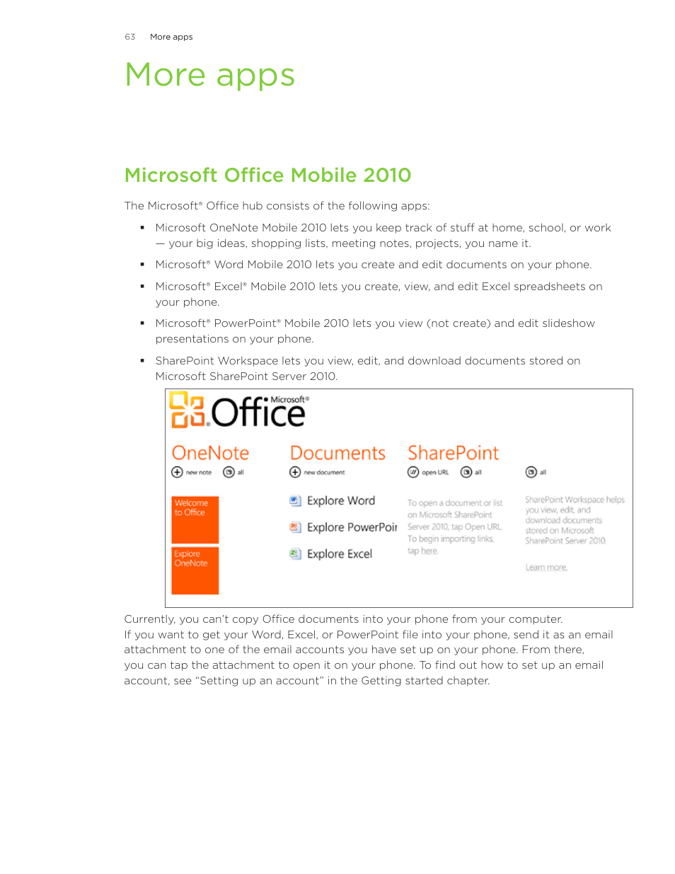 More apps, Microsoft office mobile 2010 | HTC 7 User Manual | Page 63 / 74