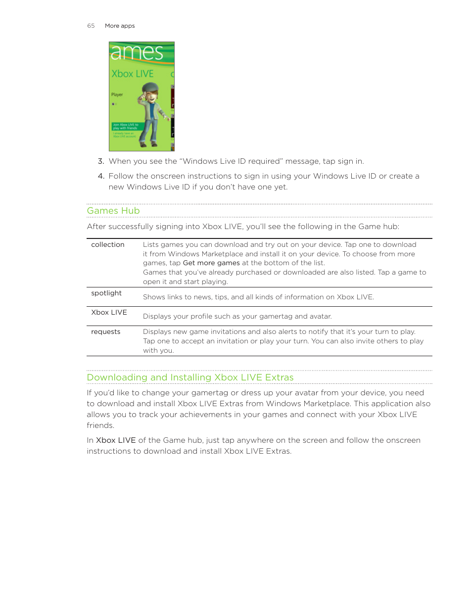 Games hub, Downloading and installing xbox live extras | HTC 7 User Manual | Page 65 / 74