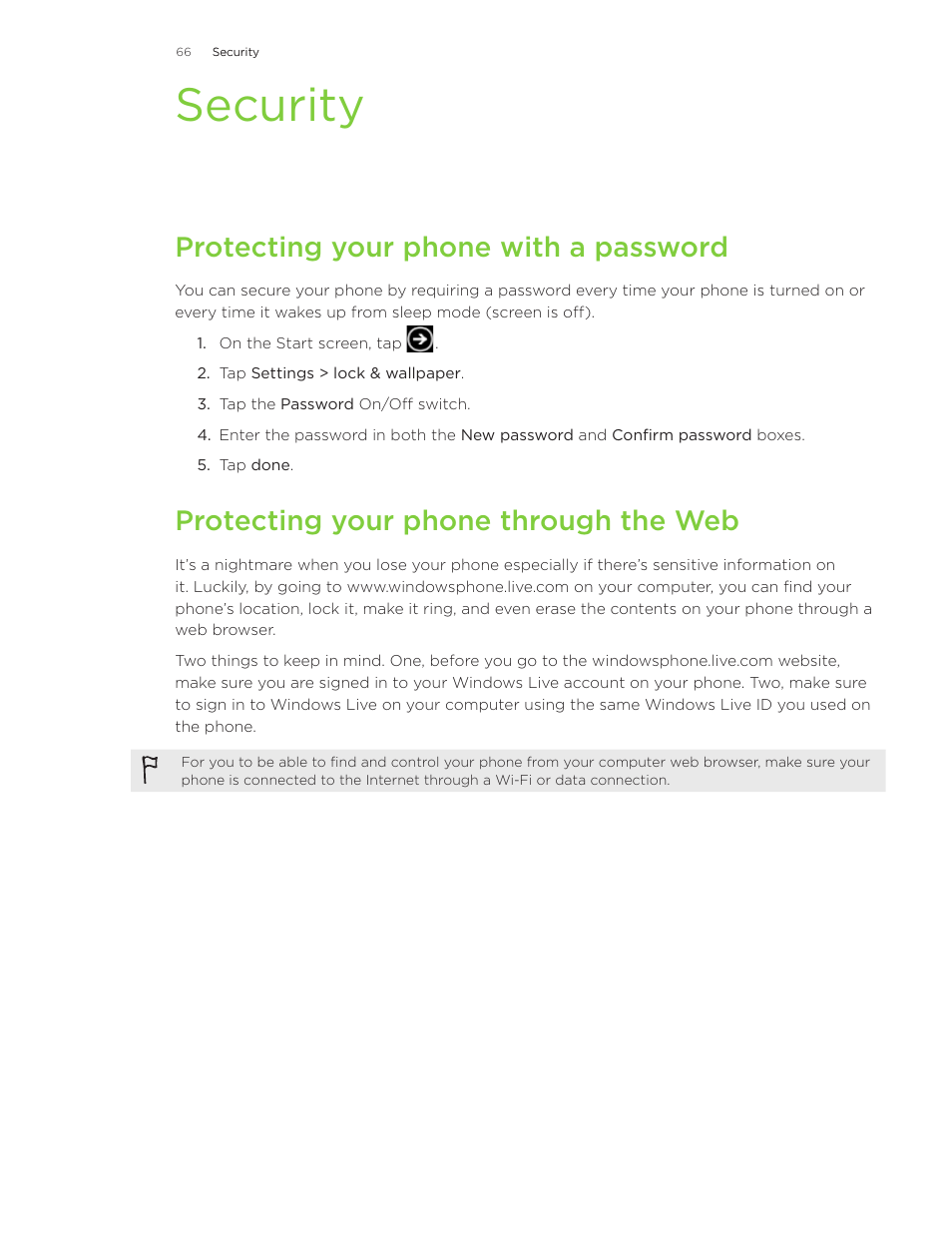 Security, Protecting your phone with a password, Protecting your phone through the web | HTC 7 User Manual | Page 66 / 74
