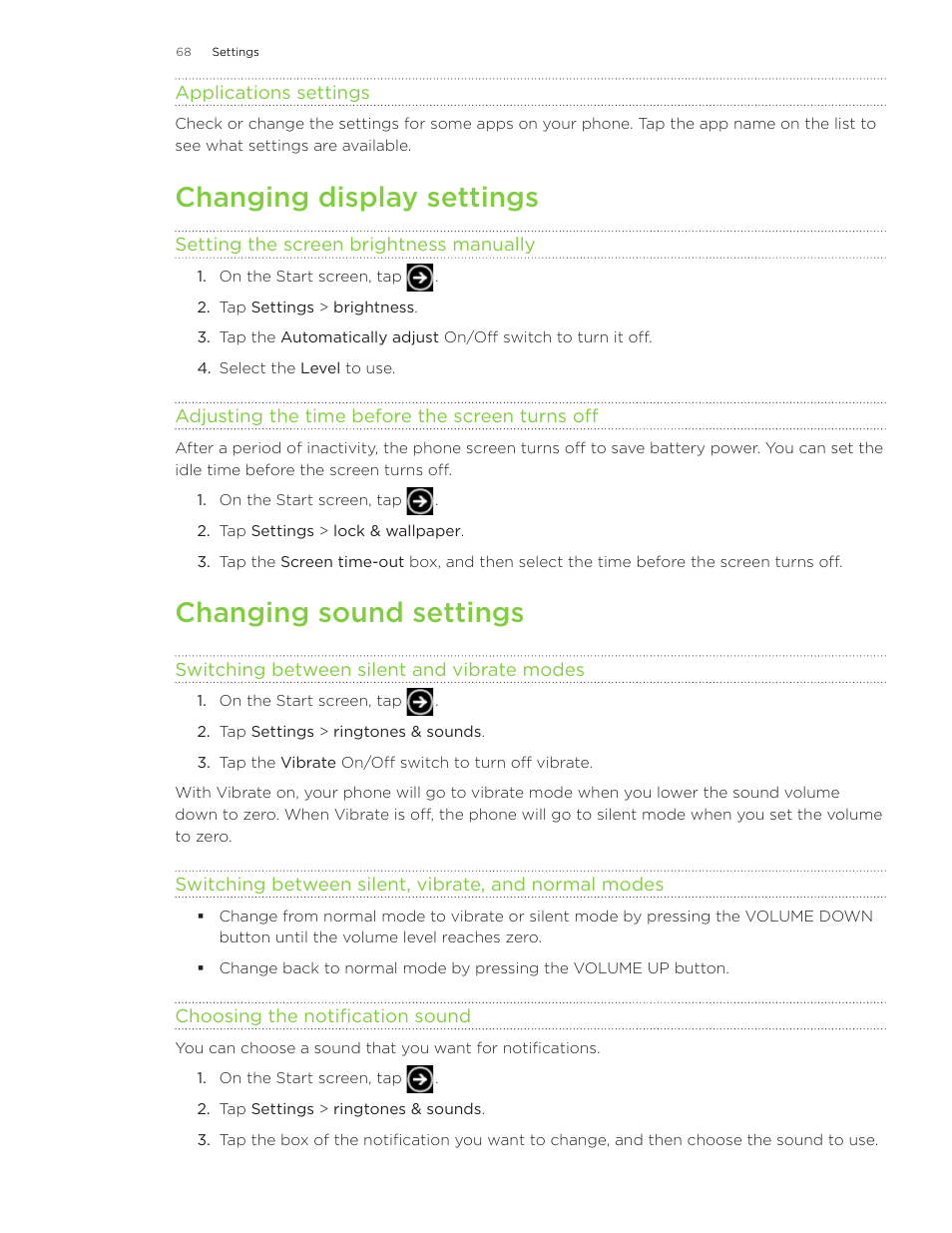 Changing display settings, Changing sound settings | HTC 7 User Manual | Page 68 / 74