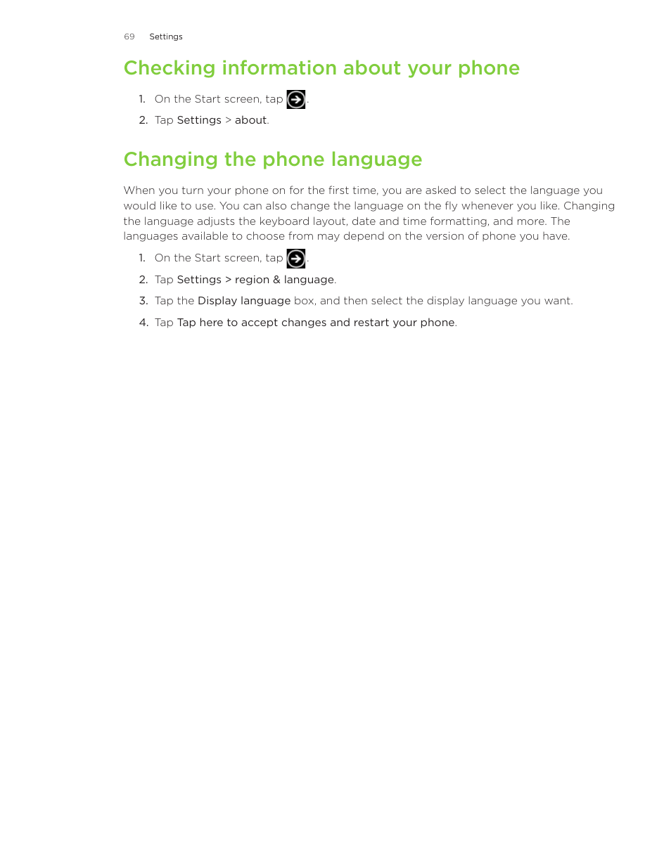 Checking information about your phone, Changing the phone language | HTC 7 User Manual | Page 69 / 74