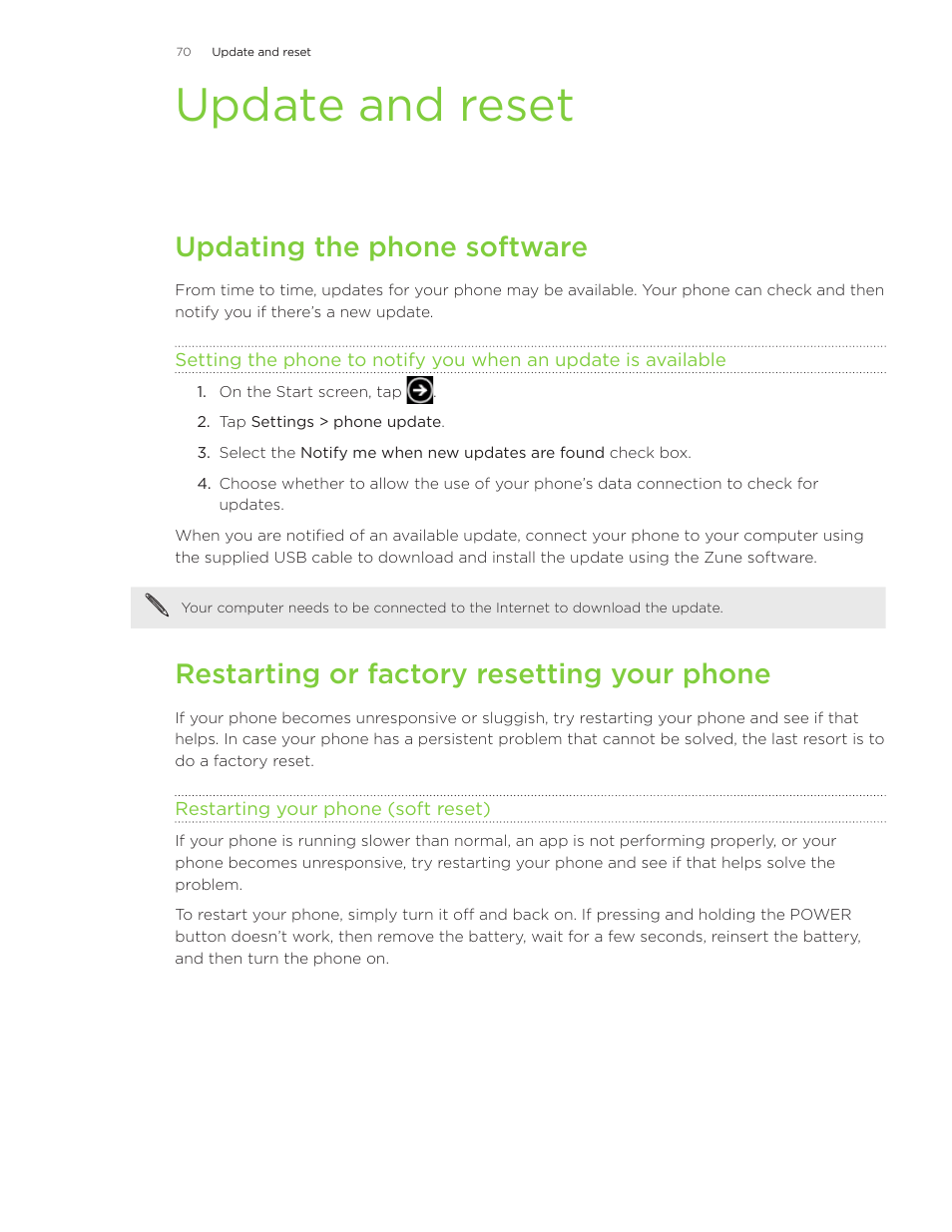 Update and reset, Updating the phone software, Restarting or factory resetting your phone | HTC 7 User Manual | Page 70 / 74