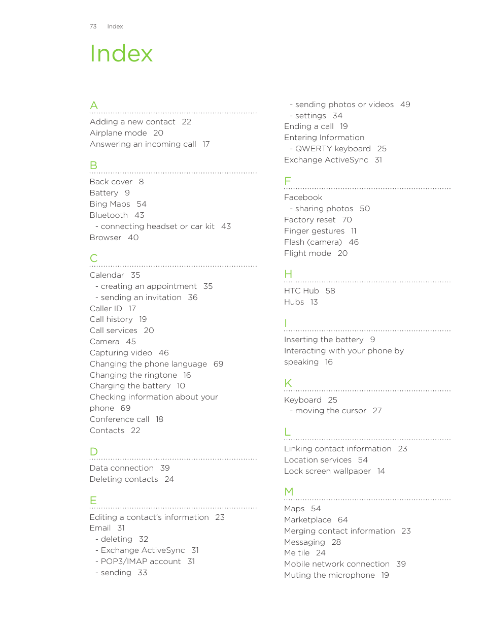 Index | HTC 7 User Manual | Page 73 / 74